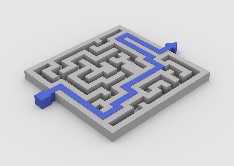 Grey Maze with blue arrow, strategy road map